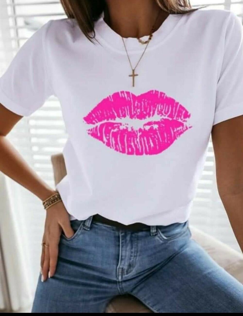 T-shirt Crewneck Pink Lips Neon, Princess cut fitted - Size PM
